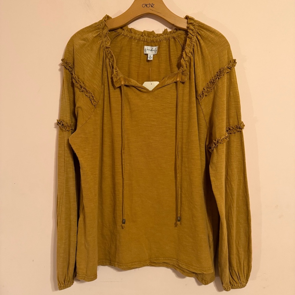 NWT Mustard Ruffle Peasant Top - Picture 2 of 6